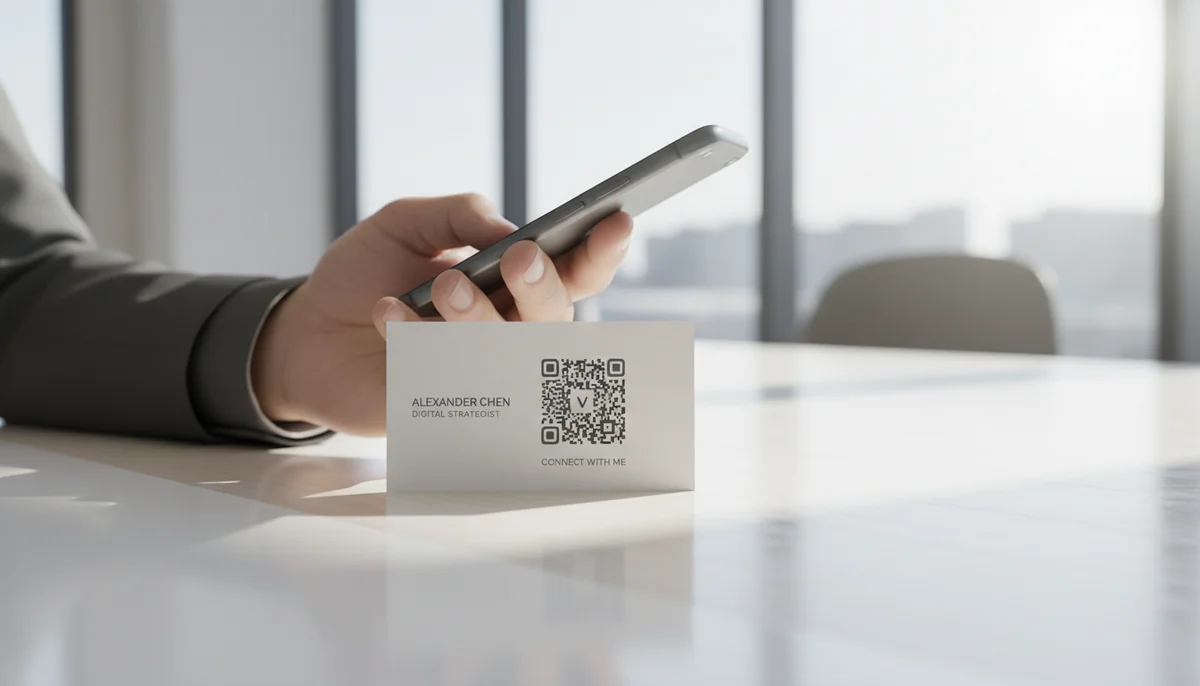 Hand holding a business card next to a screen showing a vCard QR code generator.