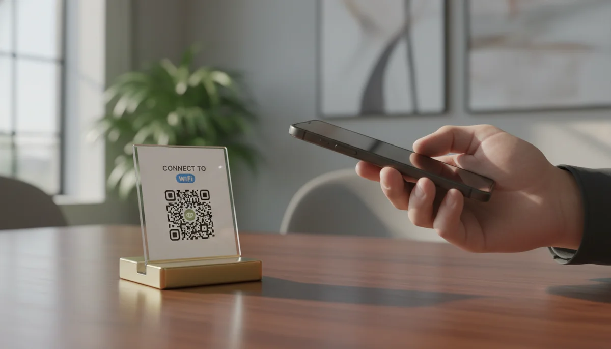 Smartphone scanning a QR code for seamless guest WiFi, highlighting a wifi qr code generator's use.