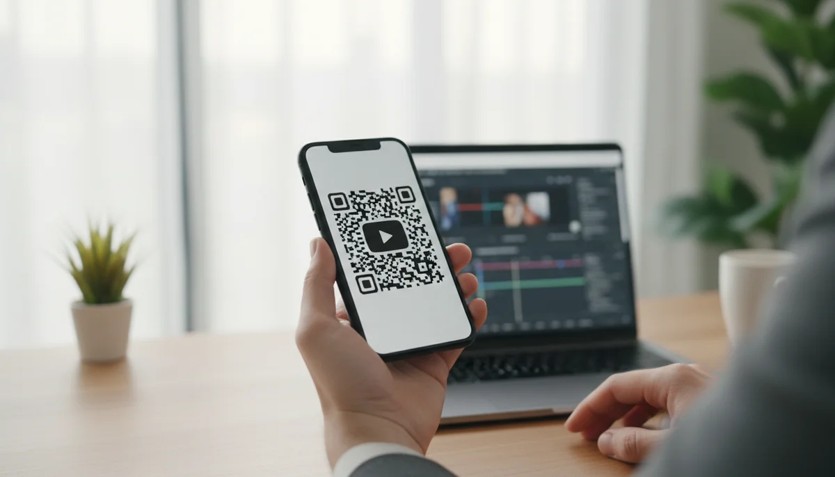 Laptop screen showing a youtube qr code generator interface with a YouTube video URL and a generated QR code.